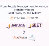 Event banner: 'From People Management to Human Transformation. HR ready for the AI era?' with partner logos Jaipuria, JEET, and others; shows date and time.